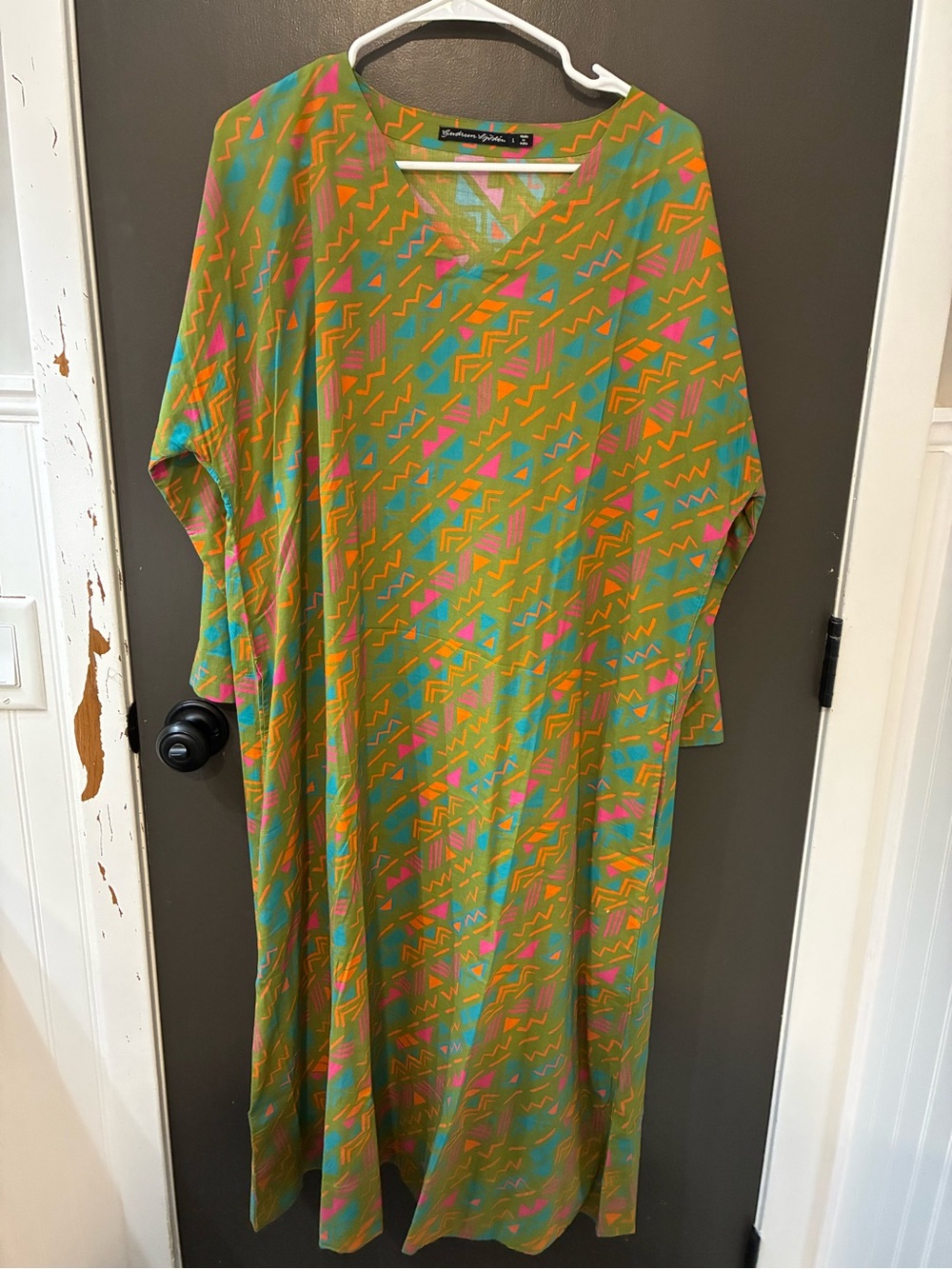 Gudrun Sjöden “Shiva” dress🤩 Olive Green Midi Dress with Teal & Pink Geometrics